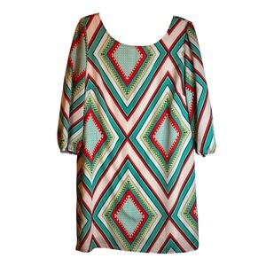 Pink Owl Apparel Womens Colorful Geometric Print Dress 3/4 Sleeve Casual Party L